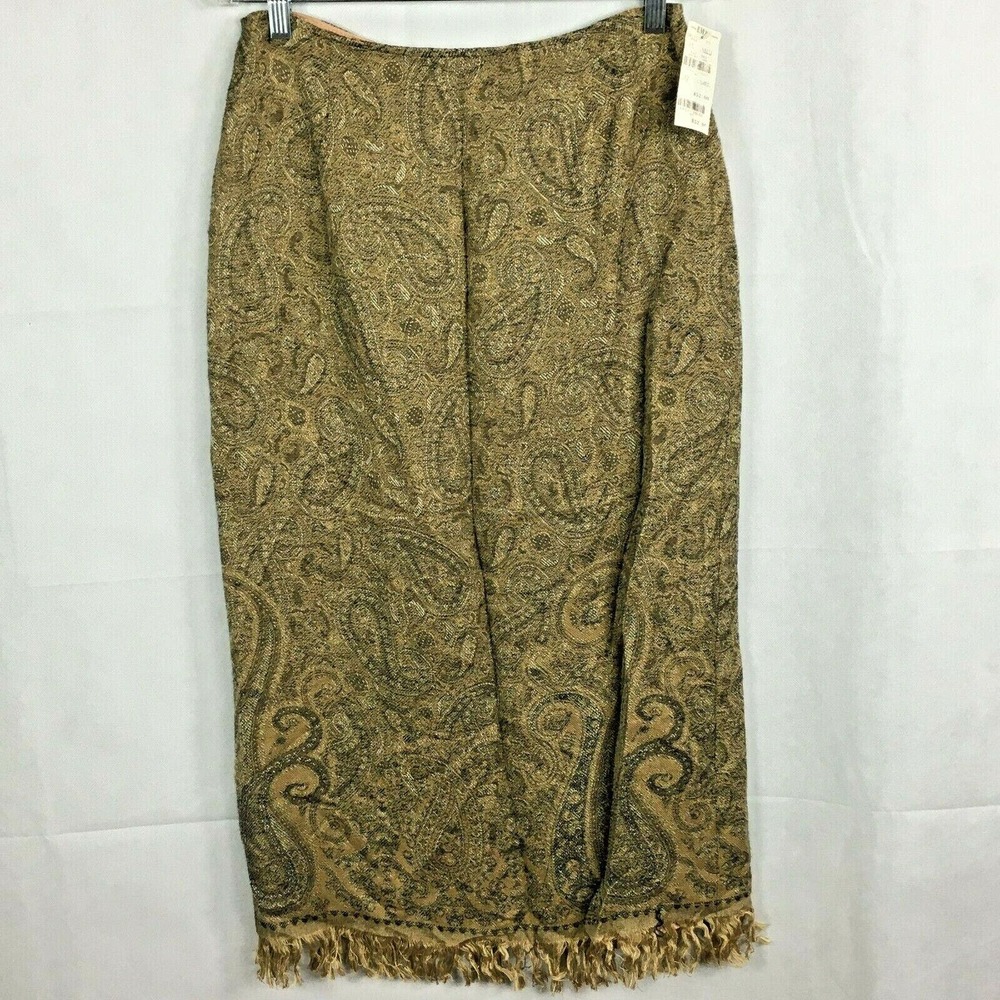 NWT Tailor B. Moss Skirt Womens Sz 12 Tan Brown Paisley Tasseled Pencil Midi VTG